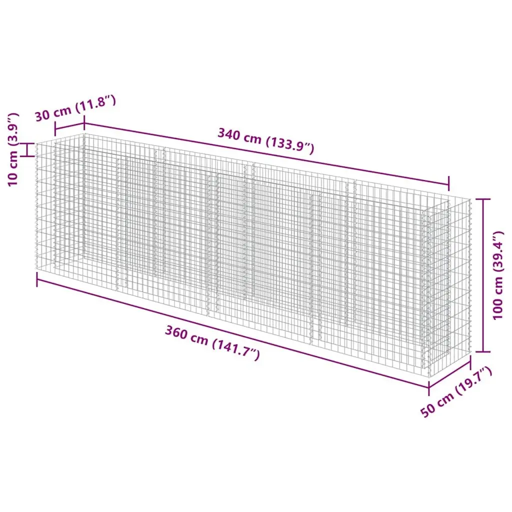 Gabion Planter Box Raised Garden Bed Galvanised Steel 360x50x100cm Silver