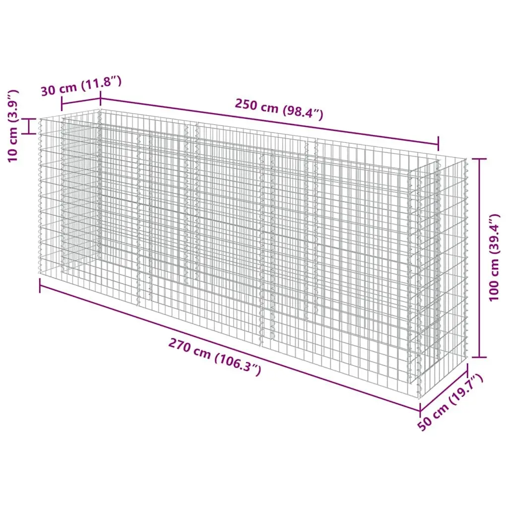 Gabion Raised Garden Bed Galvanised Steel 270x50x100cm Planter Border