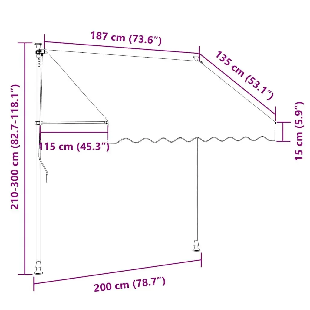 Manual Retractable Awning Polyester Canopy 200cm Steel Frame Outdoor Garden Balcony