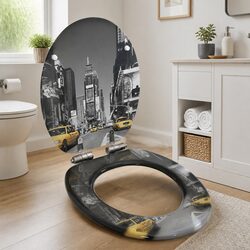 Toilet Seat with Soft Close Lid Grey Design Durable MDF Universal Fit Bathroom
