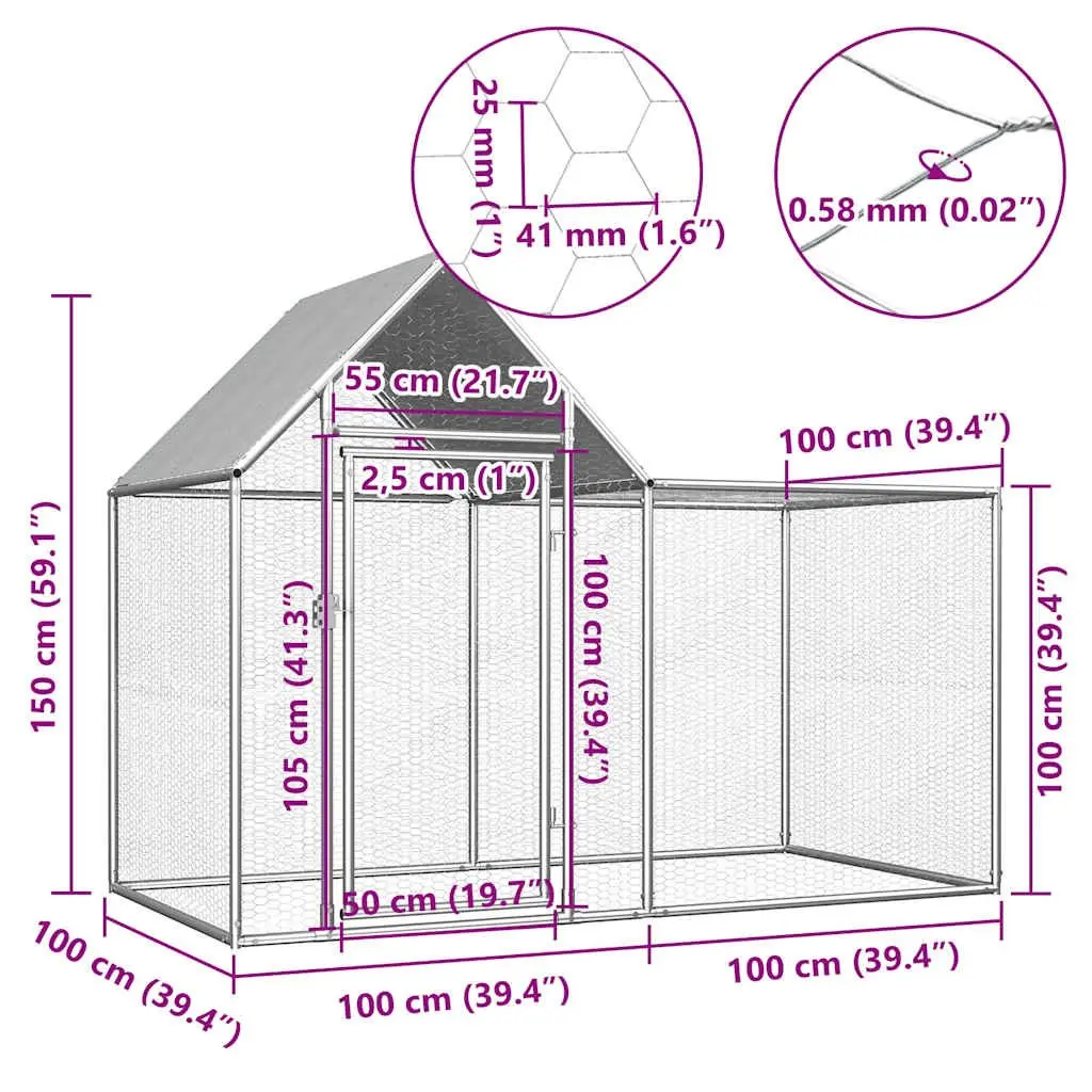 Chicken Coop Galvanised Steel 2x1x1.5 m Poultry House Garden Enclosure