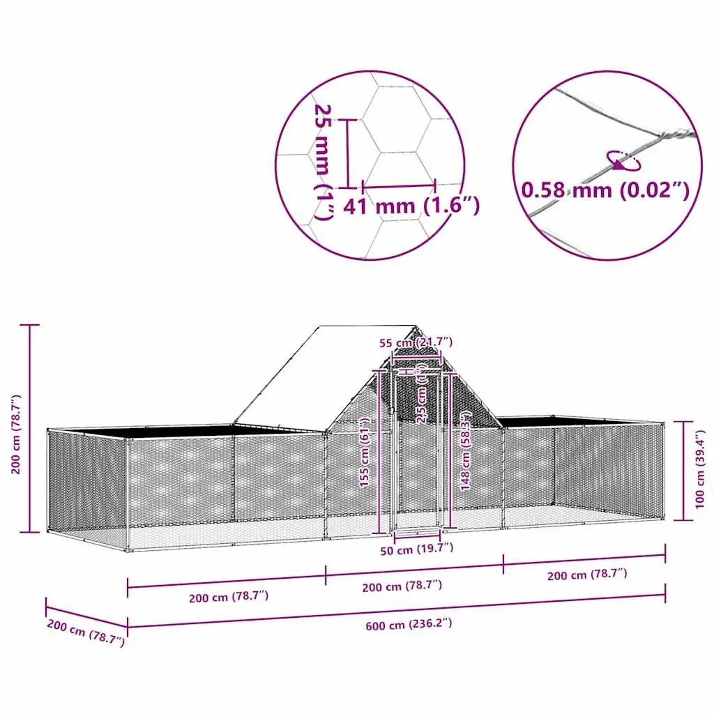 Chicken Coop Galvanised Steel 6x2x2m Lockable Door Wire