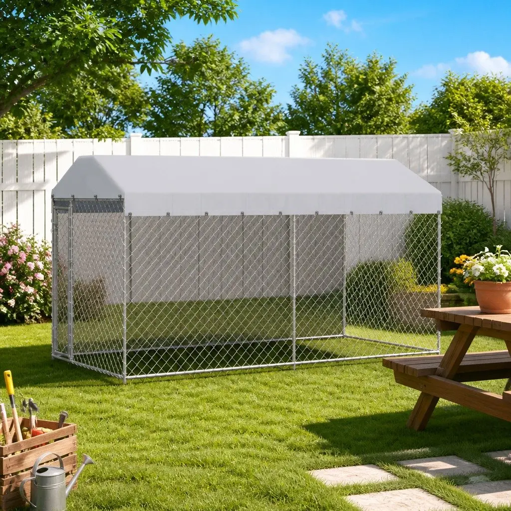 Dog Kennel Run Outdoor Heavy-duty Chain Link Enclosure with Canopy Top Large Size