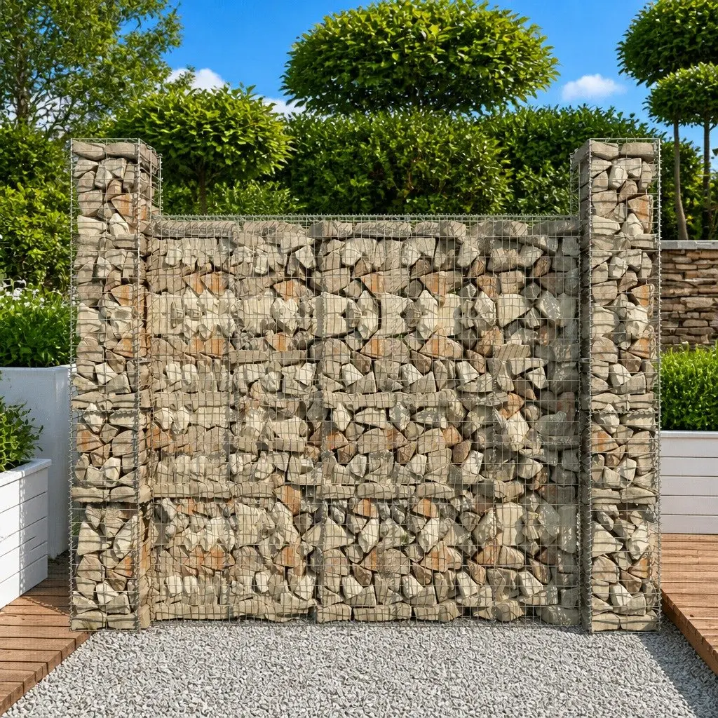 Gabion Baskets Galvanised Steel 25x25x197cm 3 Piece Retaining Wall Fencing Barrier