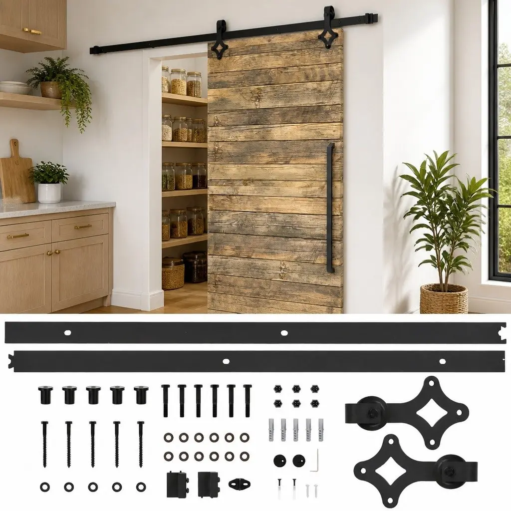 Sliding Door Hardware Kit 200cm Track Rail System with Rollers and Guides