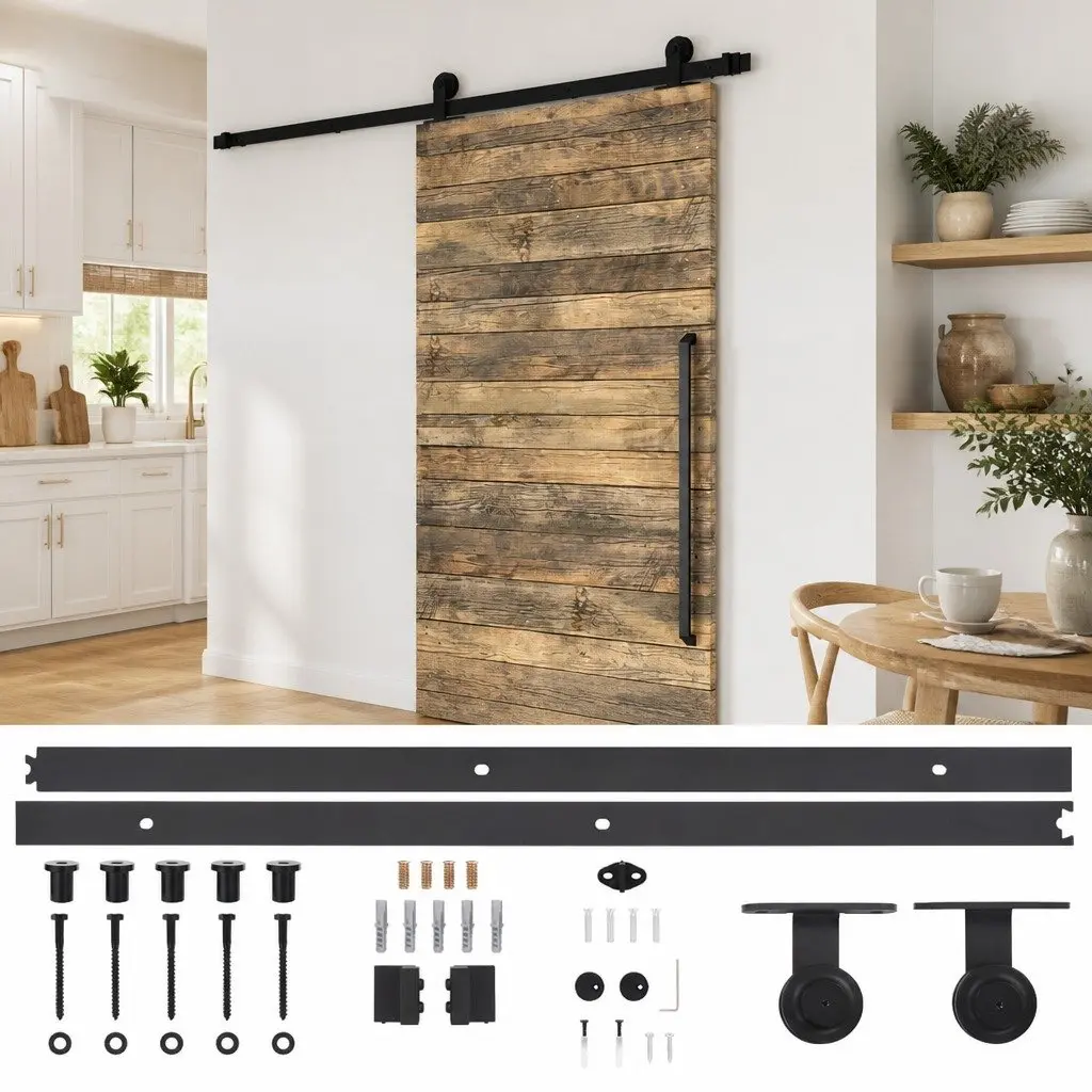 Indoor Sliding Door Hardware Kit Black Steel 183cm Track Rail System