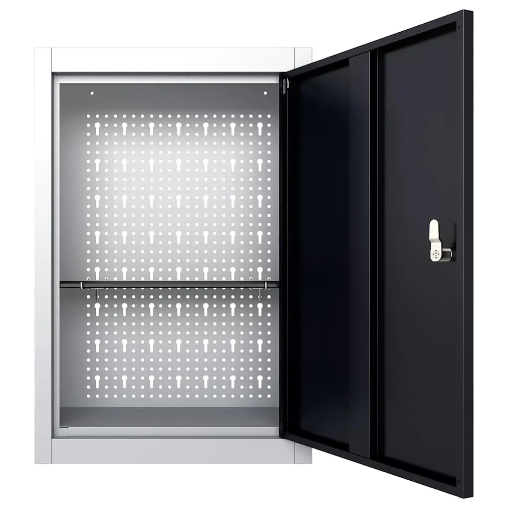Metal Grey Wall Mounted Tool Organiser with Lockable Door and Adjustable Shelf for Industrial Style Storage