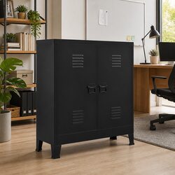 Industrial Storage Chest Black Steel Cabinet 2 Shelves Office Organiser