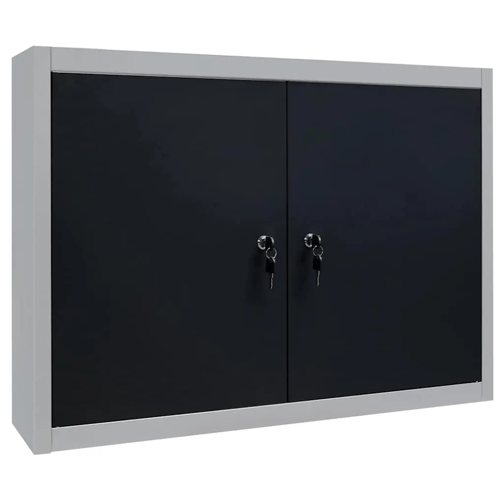 Wall Mounted Tool Cabinet Industrial Storage Metal Grey Black 2 Lockable Doors