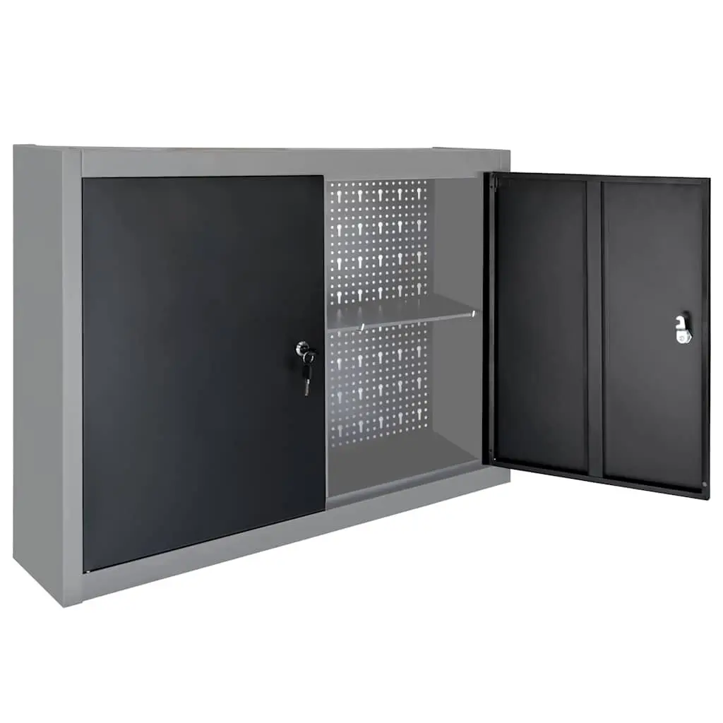 Wall Mounted Tool Cabinet Industrial Storage Metal Grey Black 2 Lockable Doors