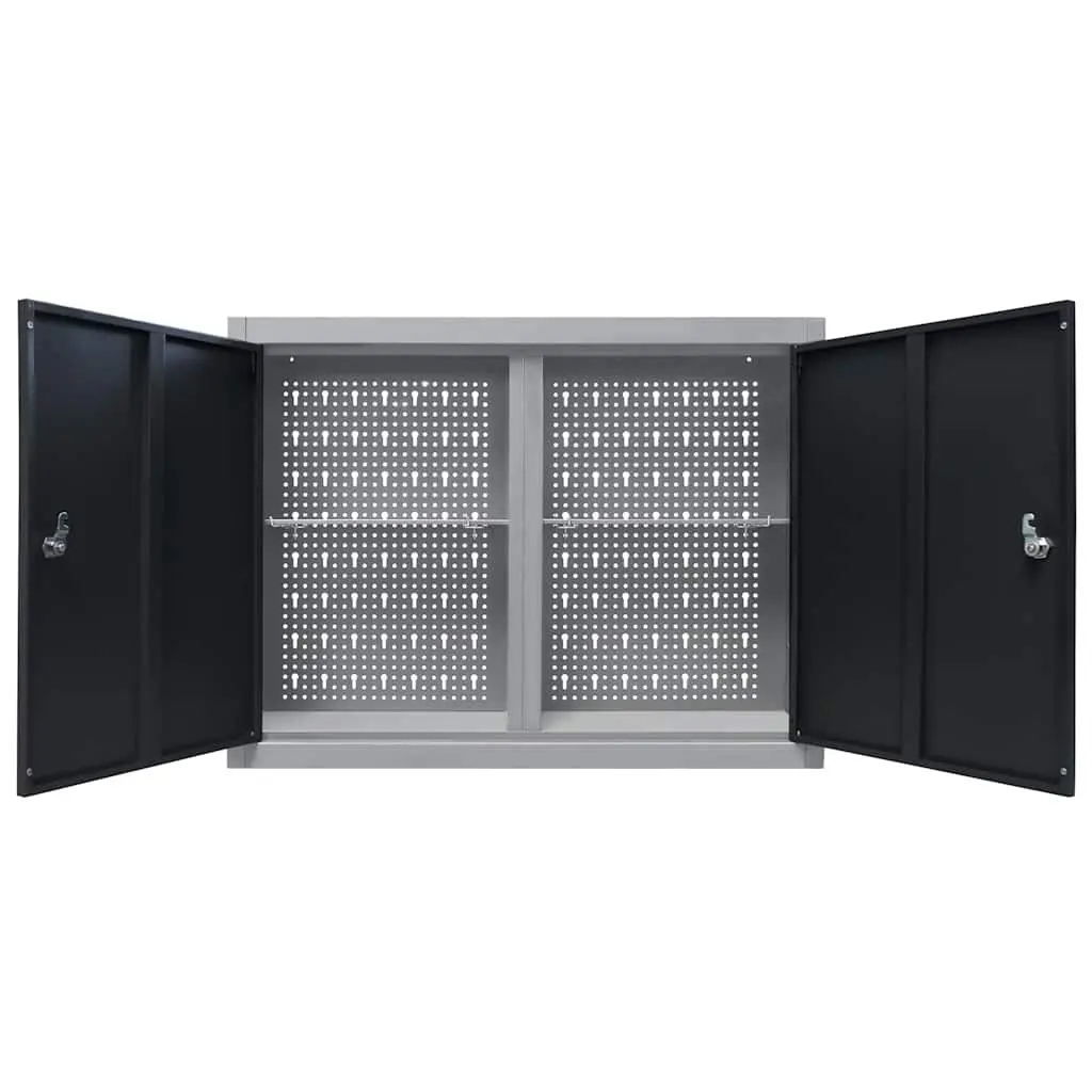 Wall Mounted Tool Cabinet Industrial Storage Metal Grey Black 2 Lockable Doors