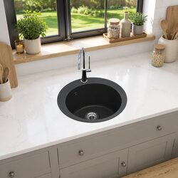 Round Black Granite Kitchen Sink Single Basin Extra-Deep Stainless Steel Basket