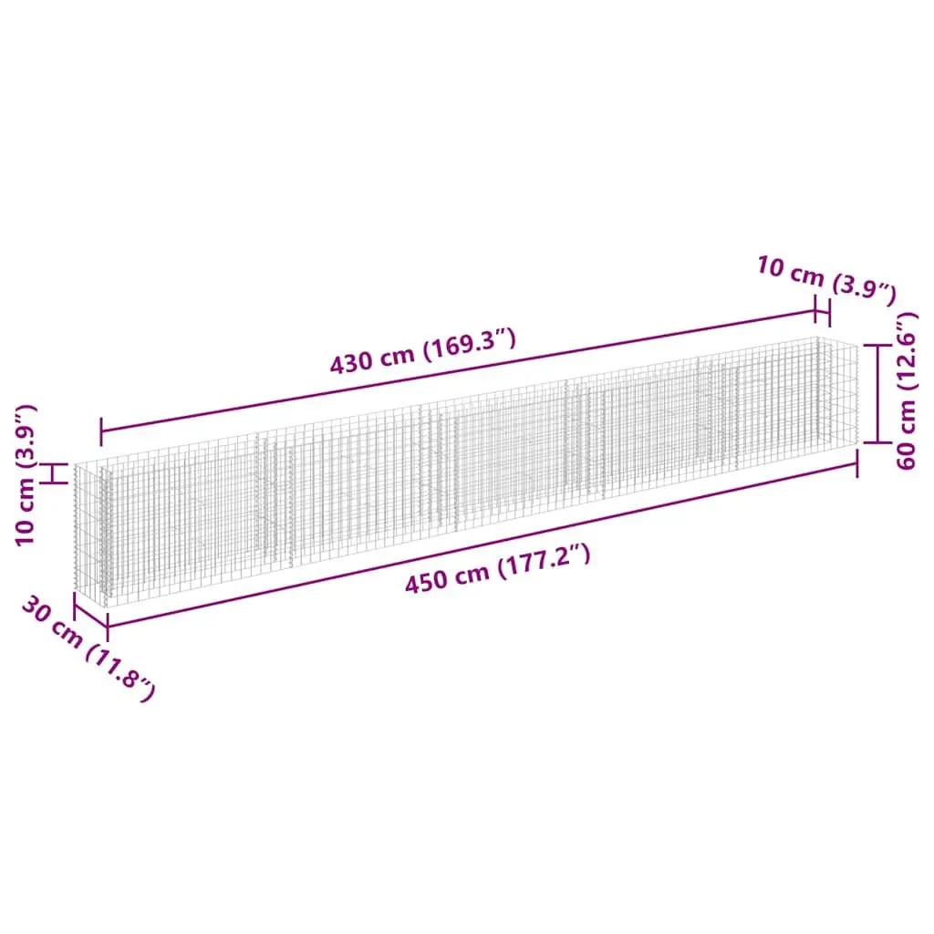 Gabion Raised Bed Galvanised Steel Garden Planter 450x30x60cm