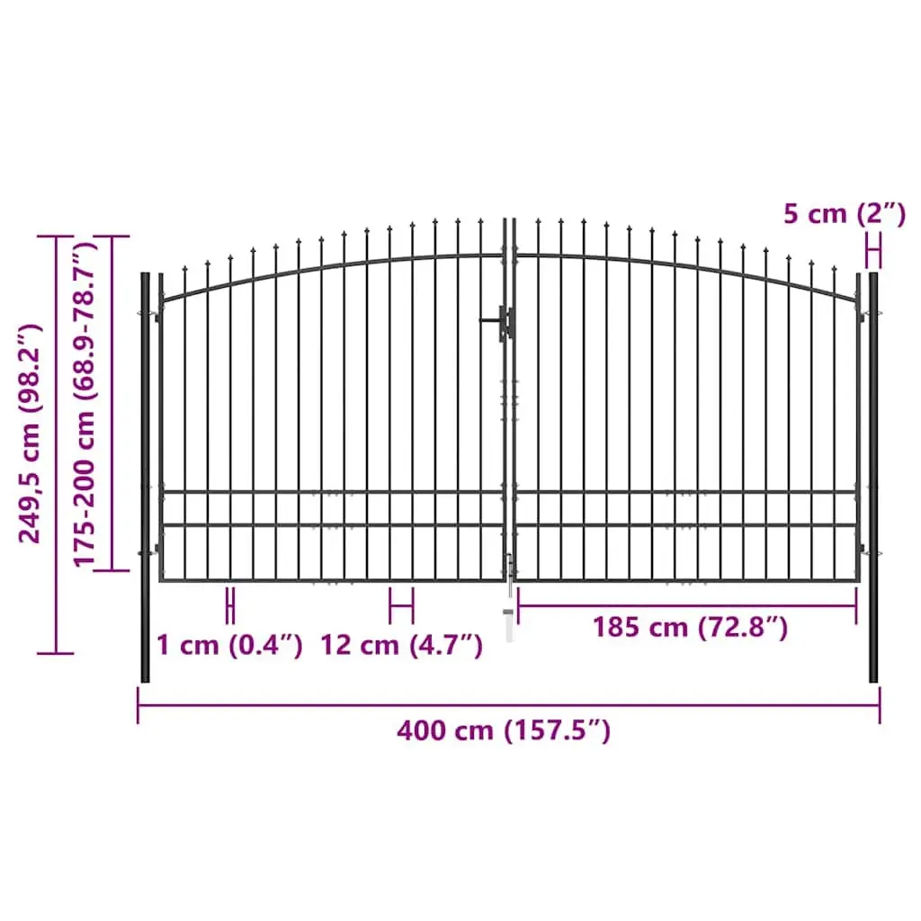 Double Door Fence Gate Spear Top Black Garden Barrier Privacy Screen 400x249.5cm