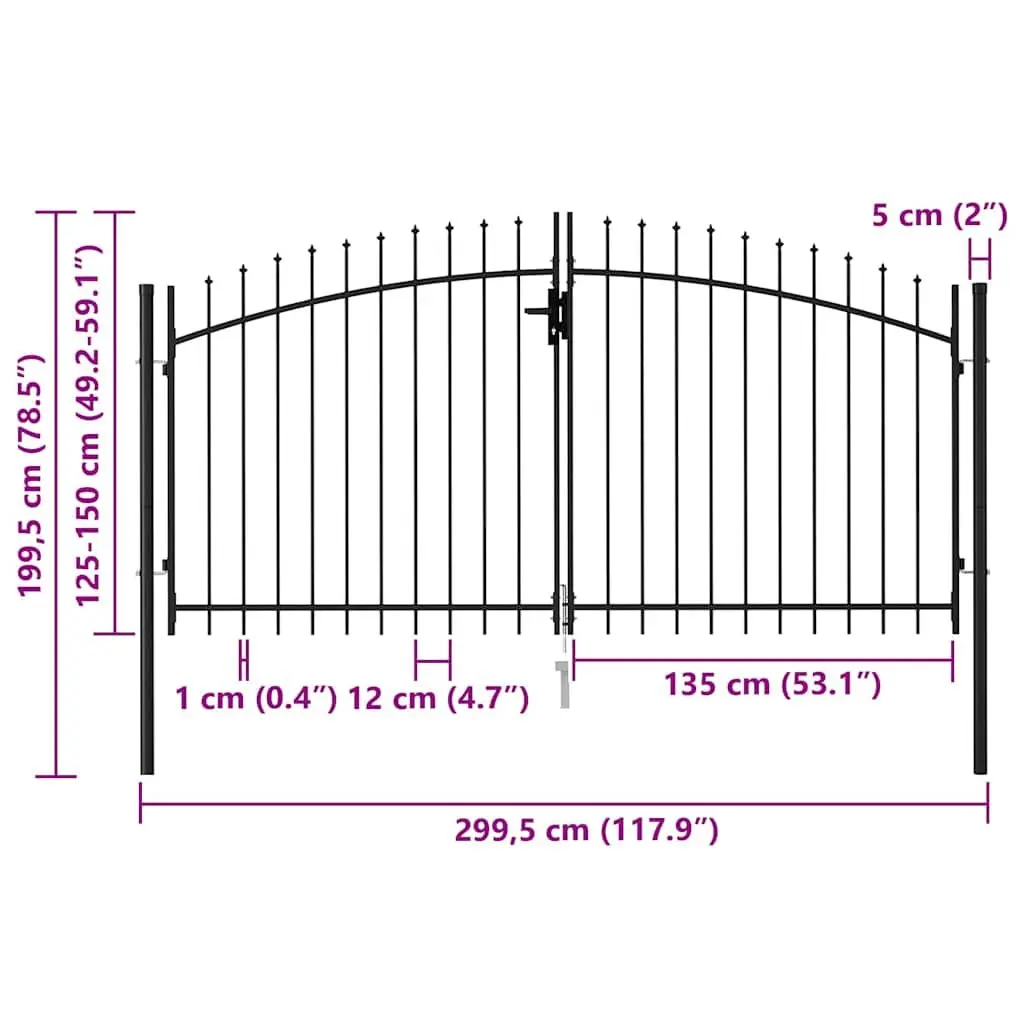 Double Gate Garden Fence Barrier Spike Top Black Heavy-Duty Steel 299.5x199.5cm