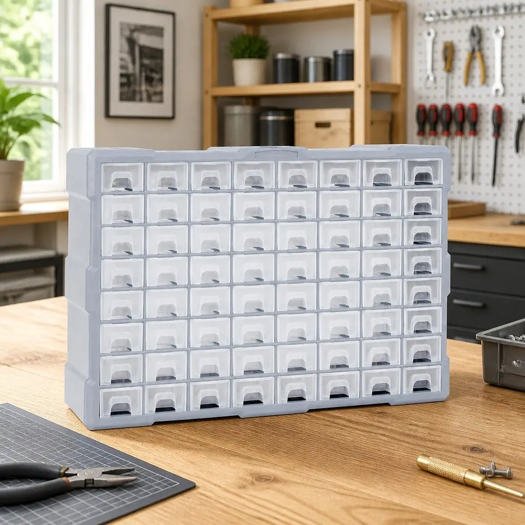 Tool Organiser Multi-Compartment 64 Drawer Storage Box Grey 52x16x37.5cm