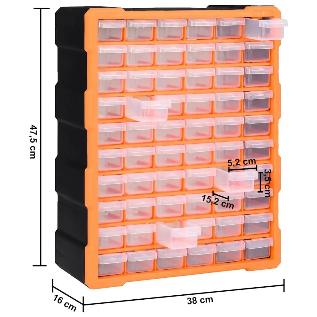 Multi-Drawer Organiser Tool Storage Box 60 Drawers Wall Mount Orange Impact-Resistant Plastic