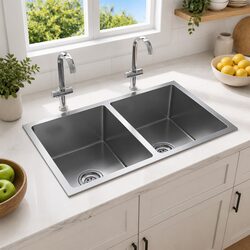 Friendly Two Bowl Kitchen Sink in Satin Silver