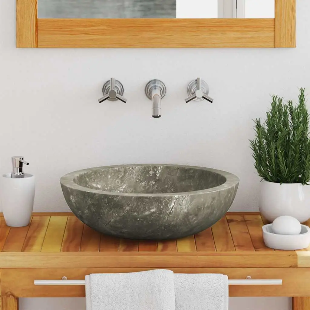 Round Handmade Bathroom Sink Grey Marble 40cm Diameter Natural Stone