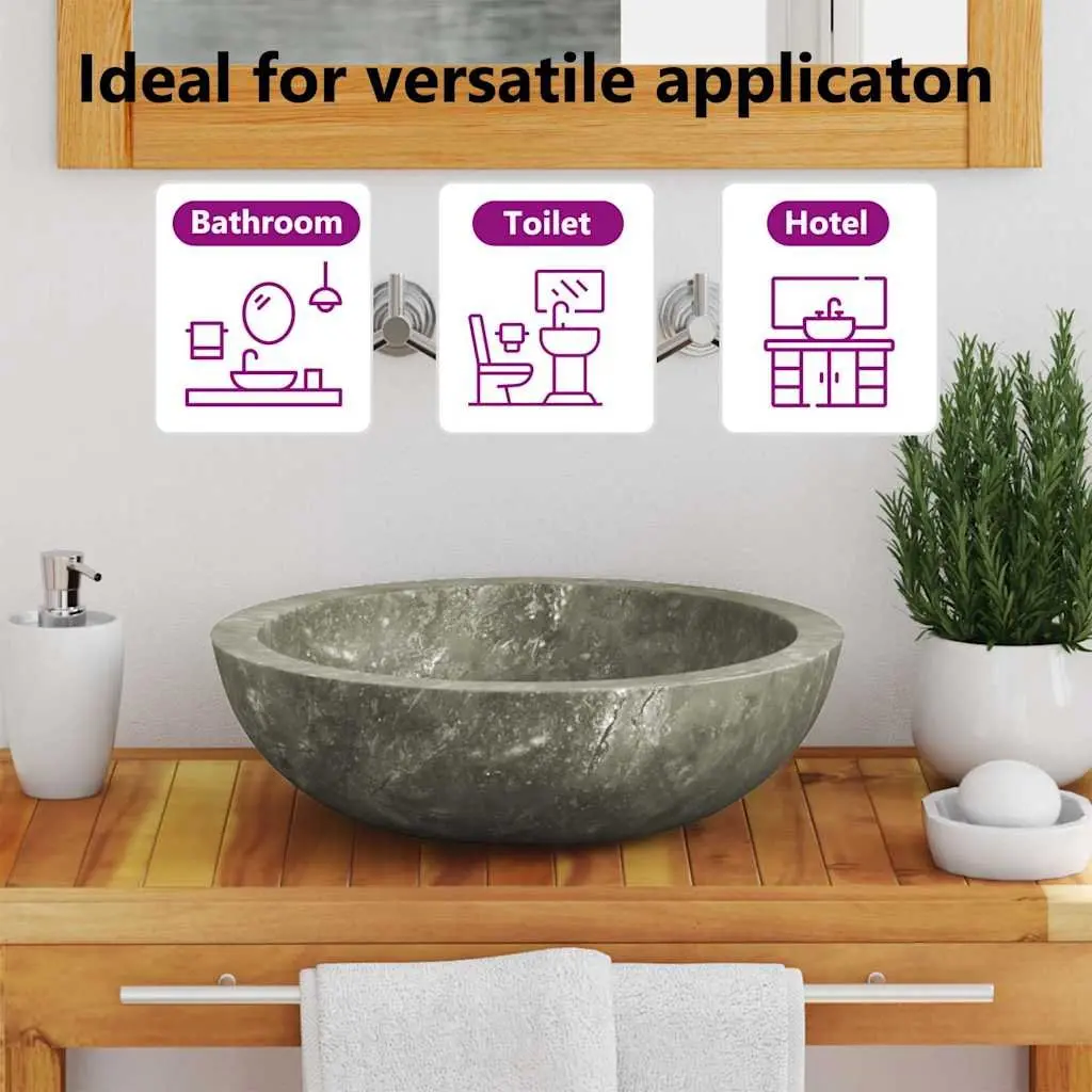 Round Handmade Bathroom Sink Grey Marble 40cm Diameter Natural Stone