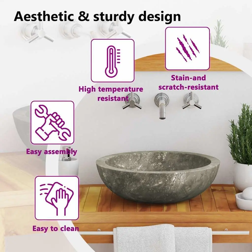 Round Handmade Bathroom Sink Grey Marble 40cm Diameter Natural Stone