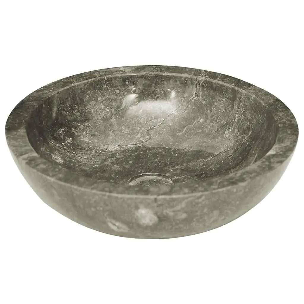 Round Handmade Bathroom Sink Grey Marble 40cm Diameter Natural Stone
