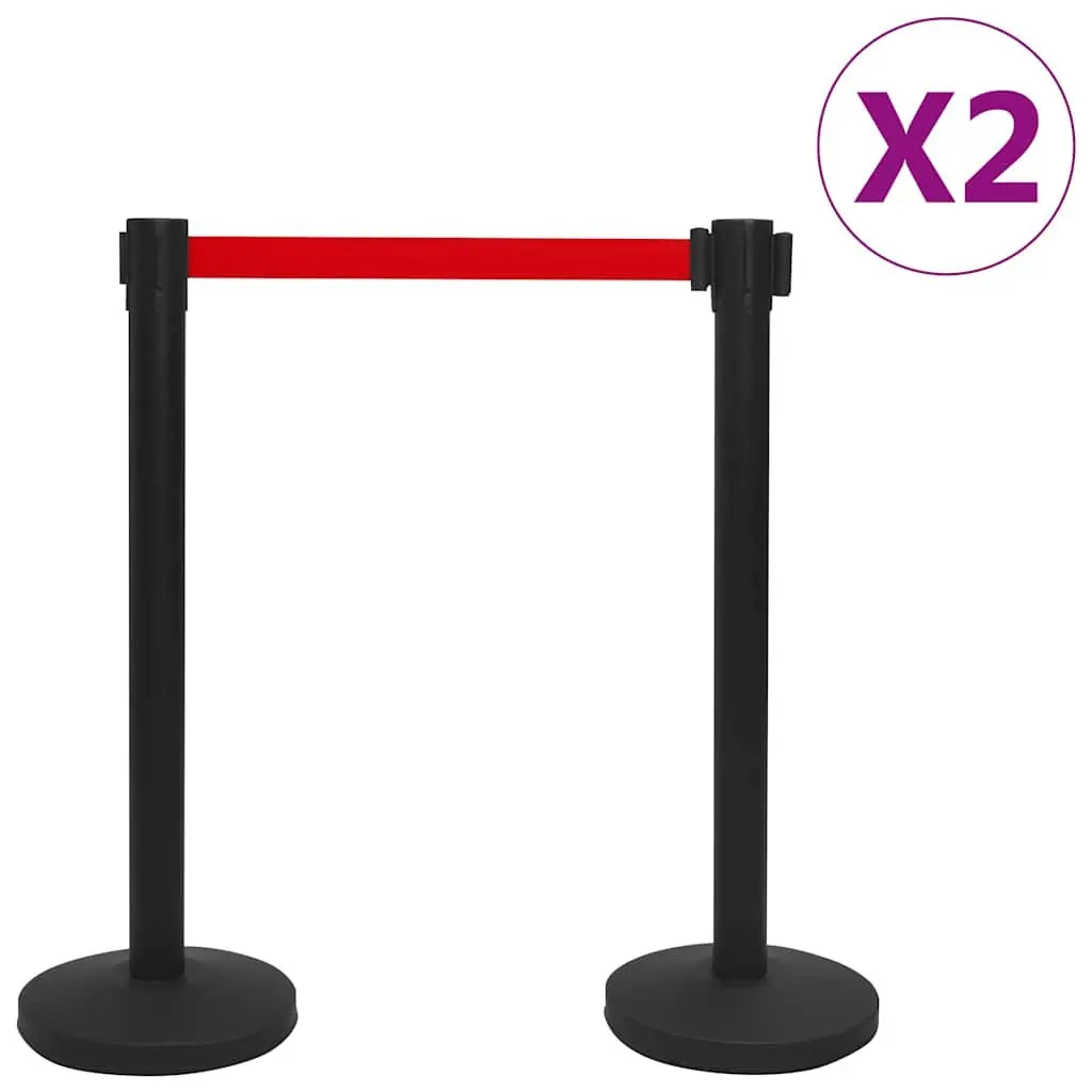 Retractable Belt Stanchion Barrier Crowd Control 4 Piece Black Iron Safety Posts