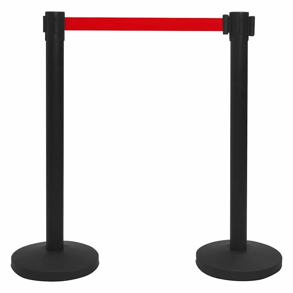 Retractable Belt Stanchion Barrier Crowd Control 4 Piece Black Iron Safety Posts