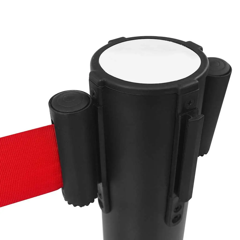 Retractable Belt Stanchion Barrier Crowd Control 4 Piece Black Iron Safety Posts