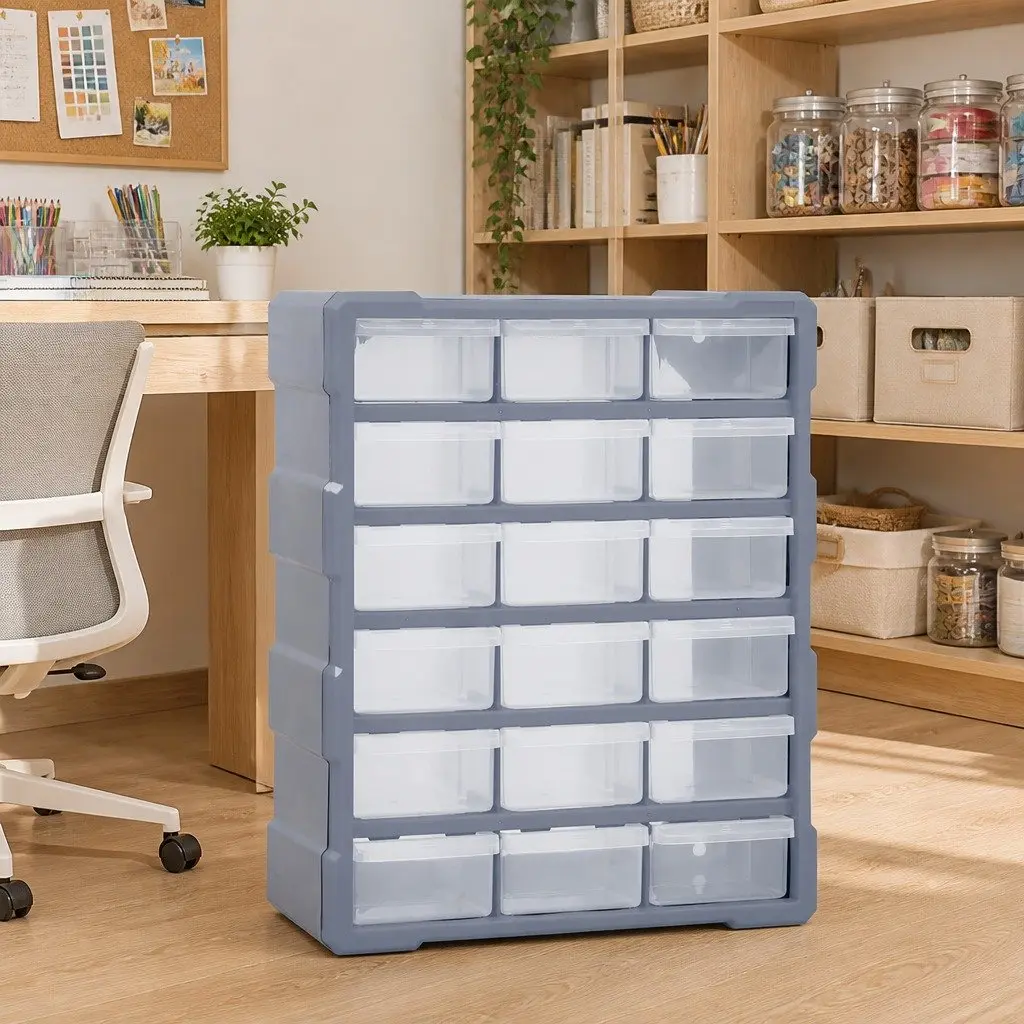 Tool Organiser Storage Box Grey 18 Drawer Impact Resistant Plastic