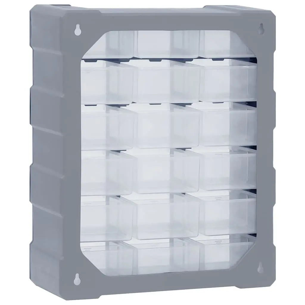 Tool Organiser Storage Box Grey 18 Drawer Impact Resistant Plastic
