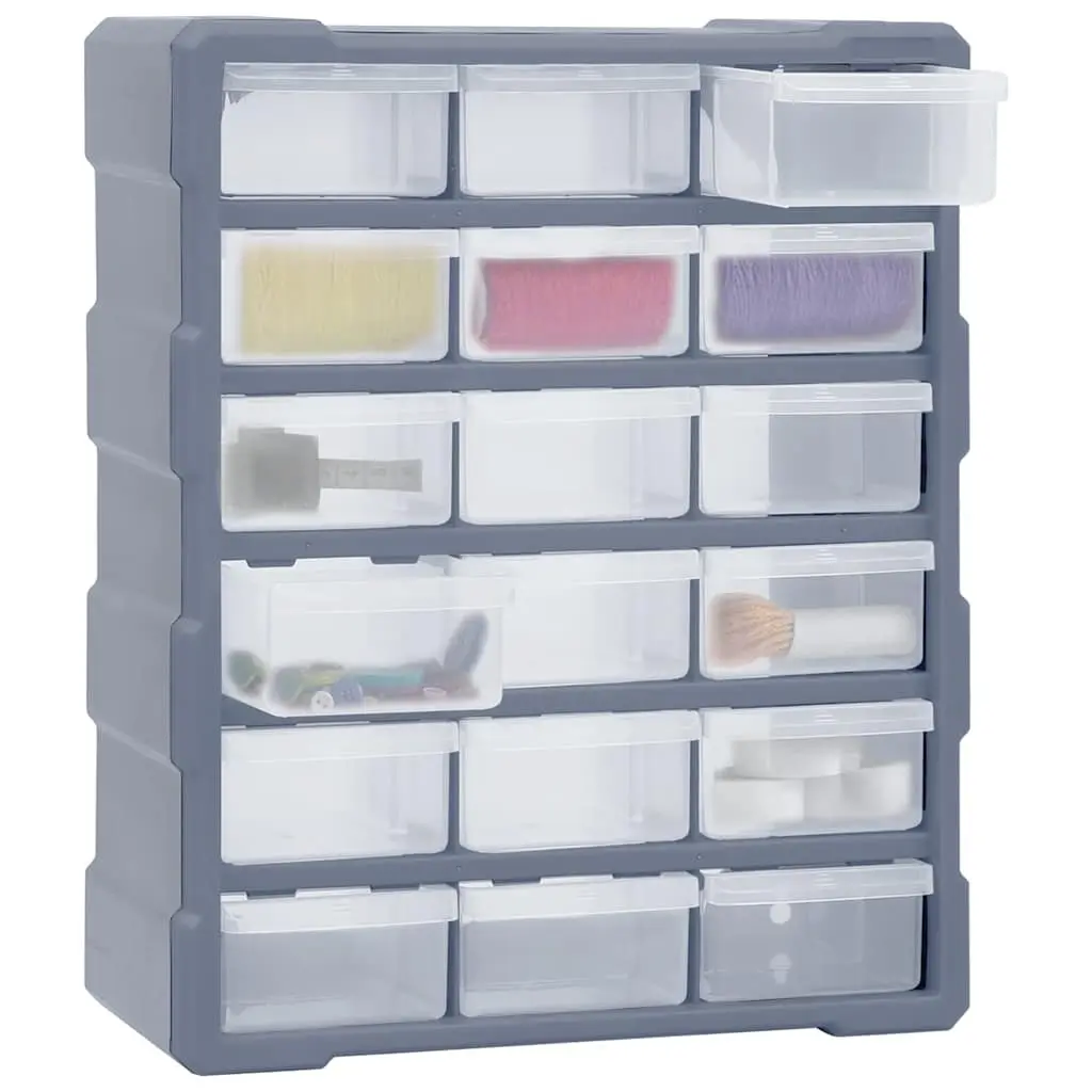 Tool Organiser Storage Box Grey 18 Drawer Impact Resistant Plastic