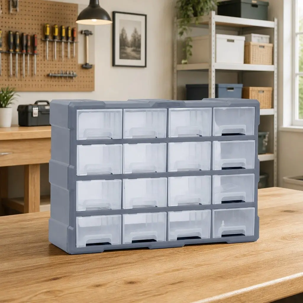 Tool Storage Box Grey 16 Drawer Multi-Drawer Organiser Compact Plastic Cabinet