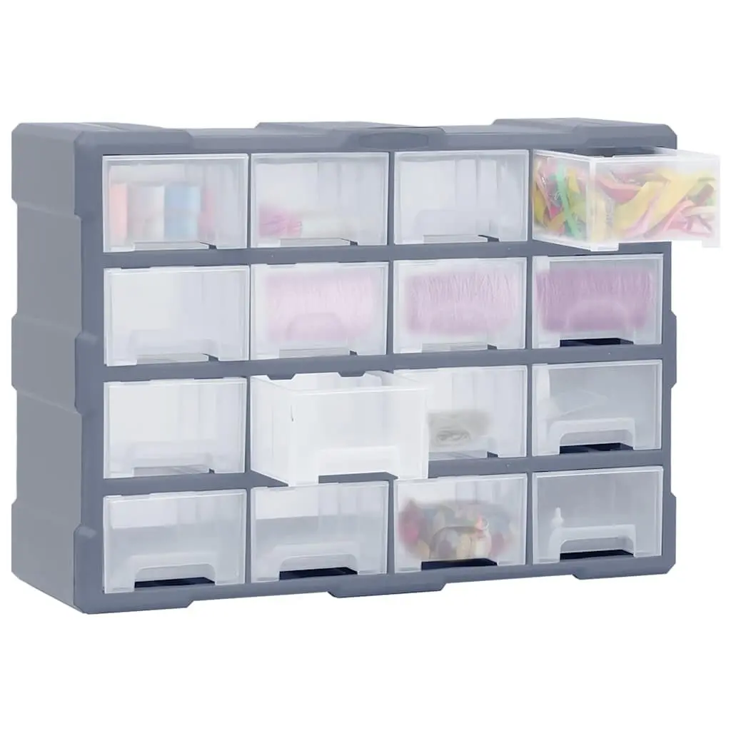 Tool Storage Box Grey 16 Drawer Multi-Drawer Organiser Compact Plastic Cabinet