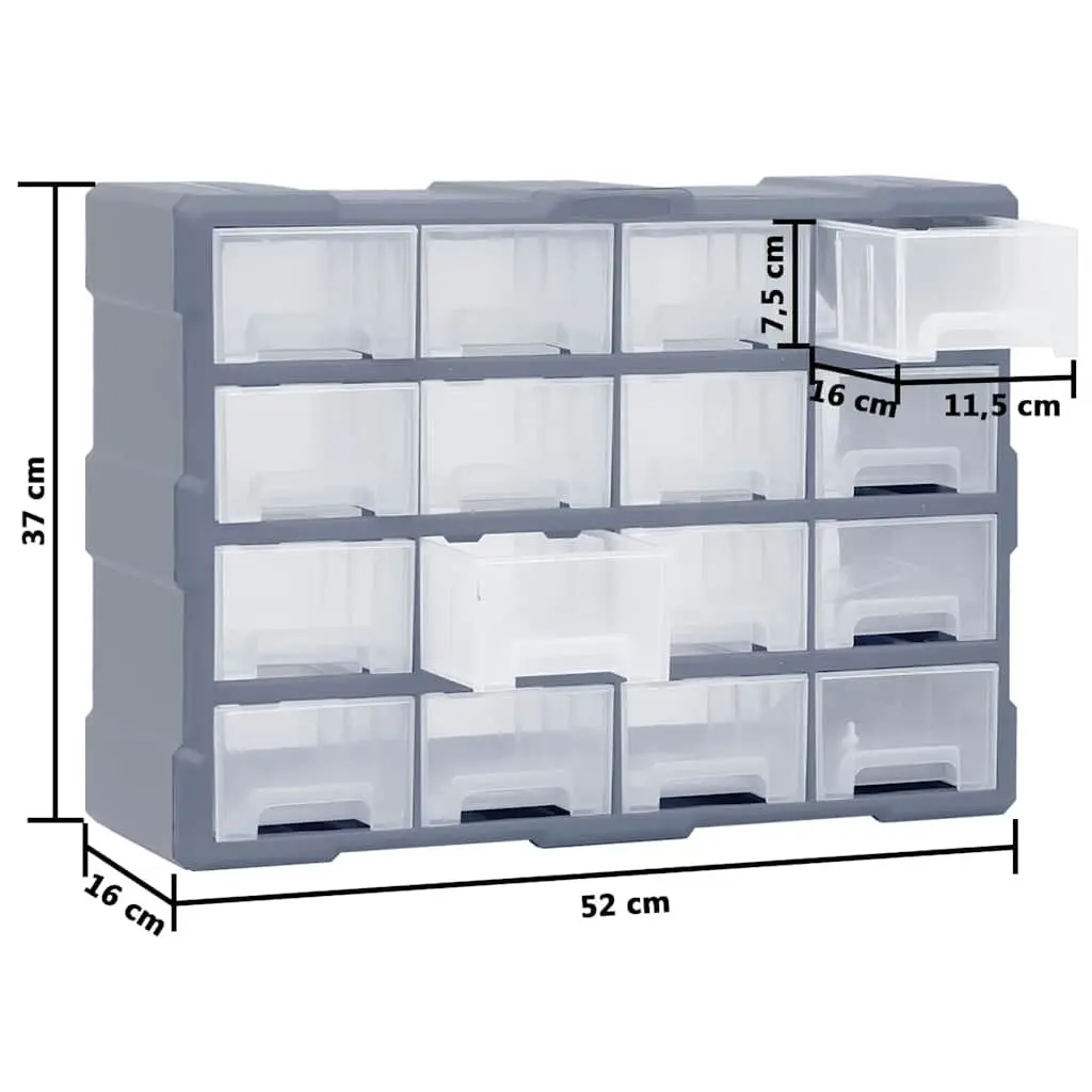 Tool Storage Box Grey 16 Drawer Multi-Drawer Organiser Compact Plastic Cabinet