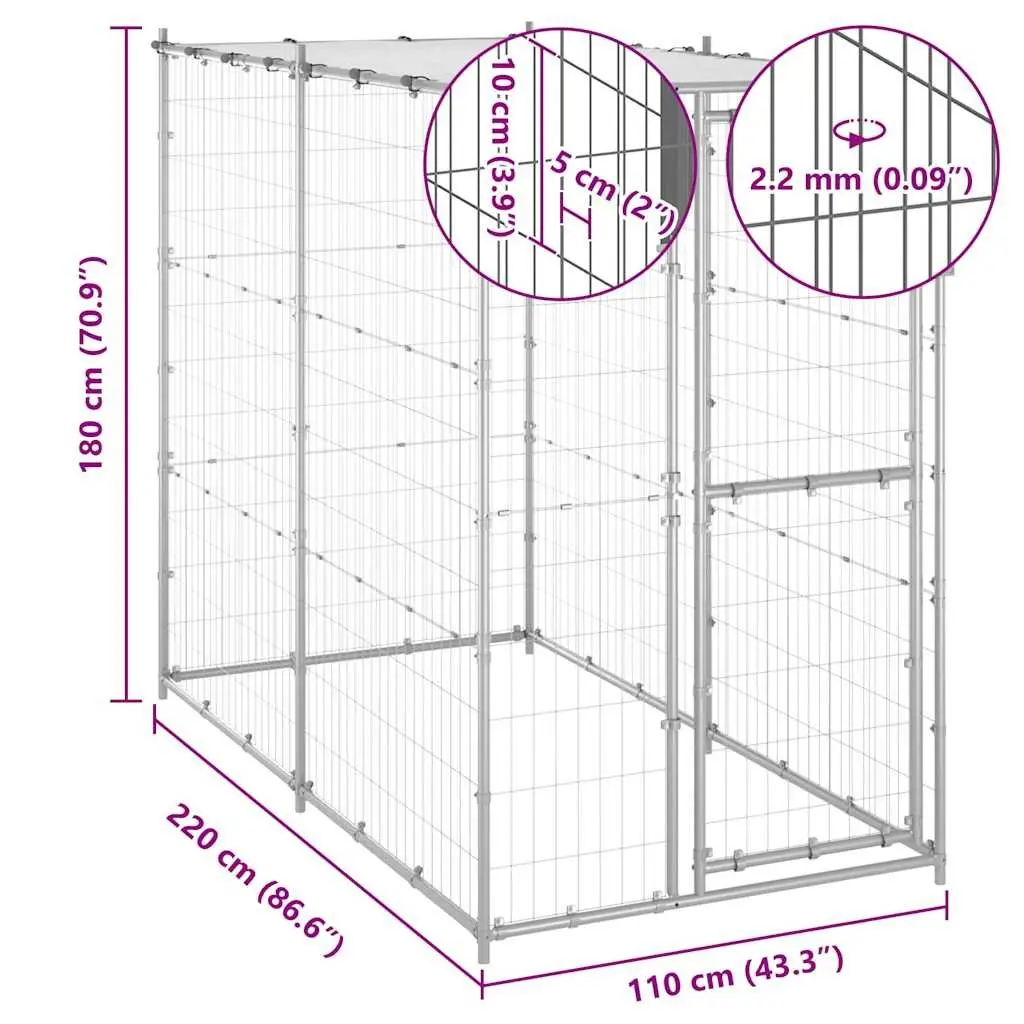 Dog Kennel Galvanised Steel Roof Outdoor Exercise Run Pet Pen Enclosure 110 x 220 x 180 cm
