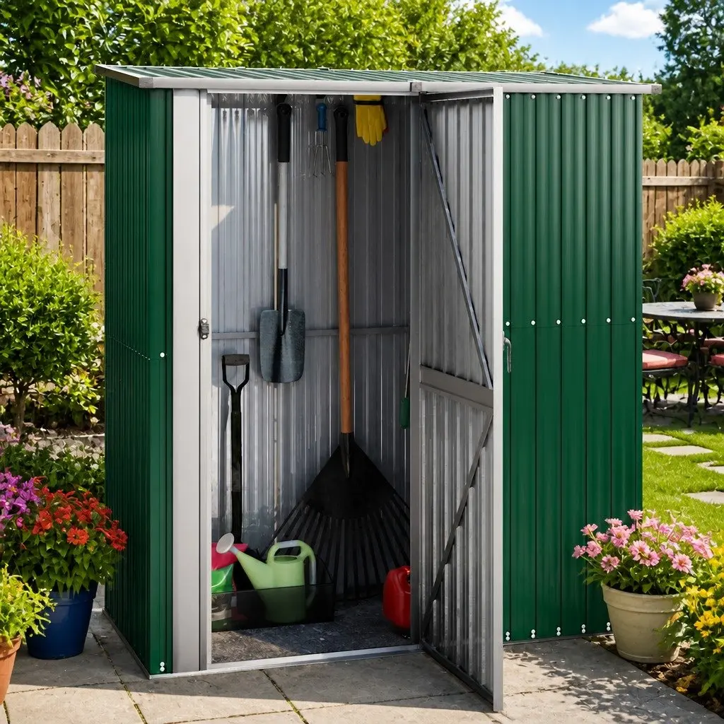 Garden Shed Green Outdoor Storage Galvanised Steel Lockable Door Sloping Roof