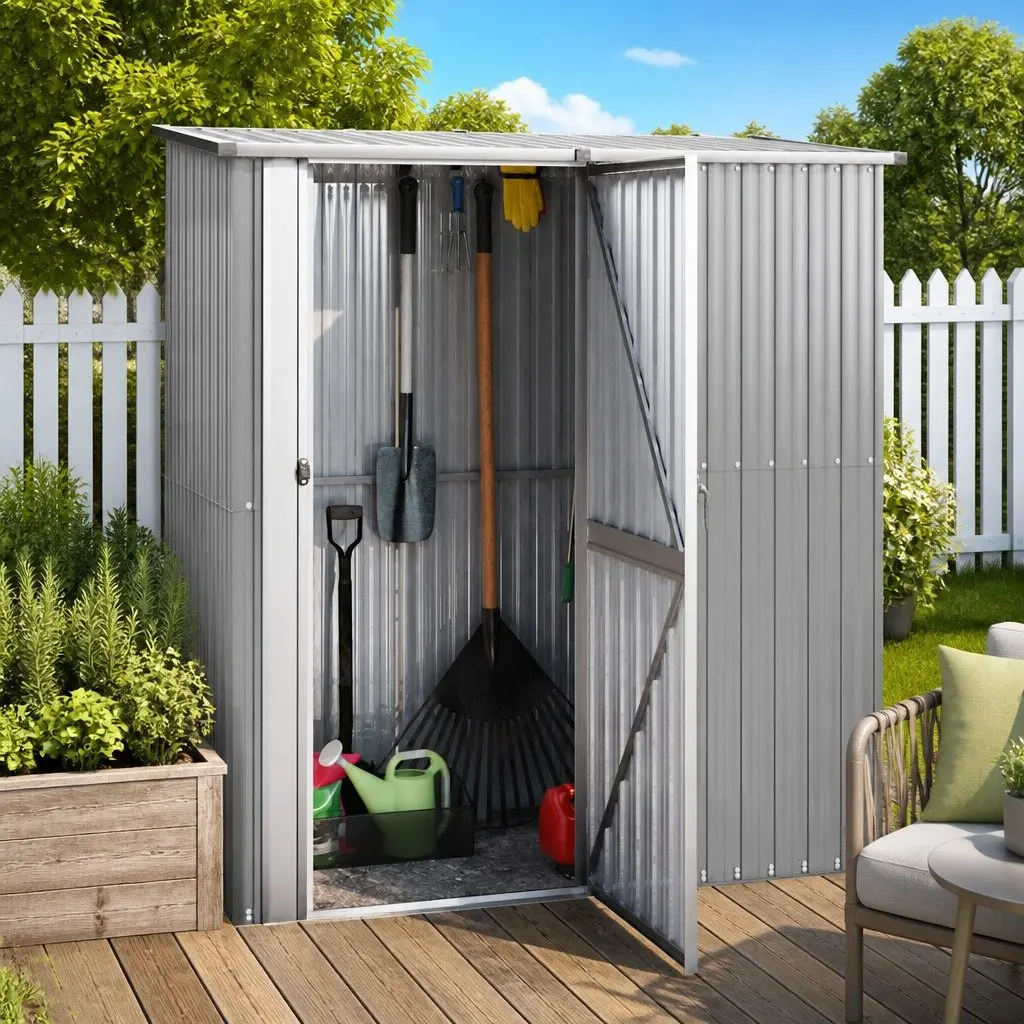 Garden Shed Grey Galvanised Steel Lockable Door Sloping Roof 180.5 x 97 x 209.5 cm