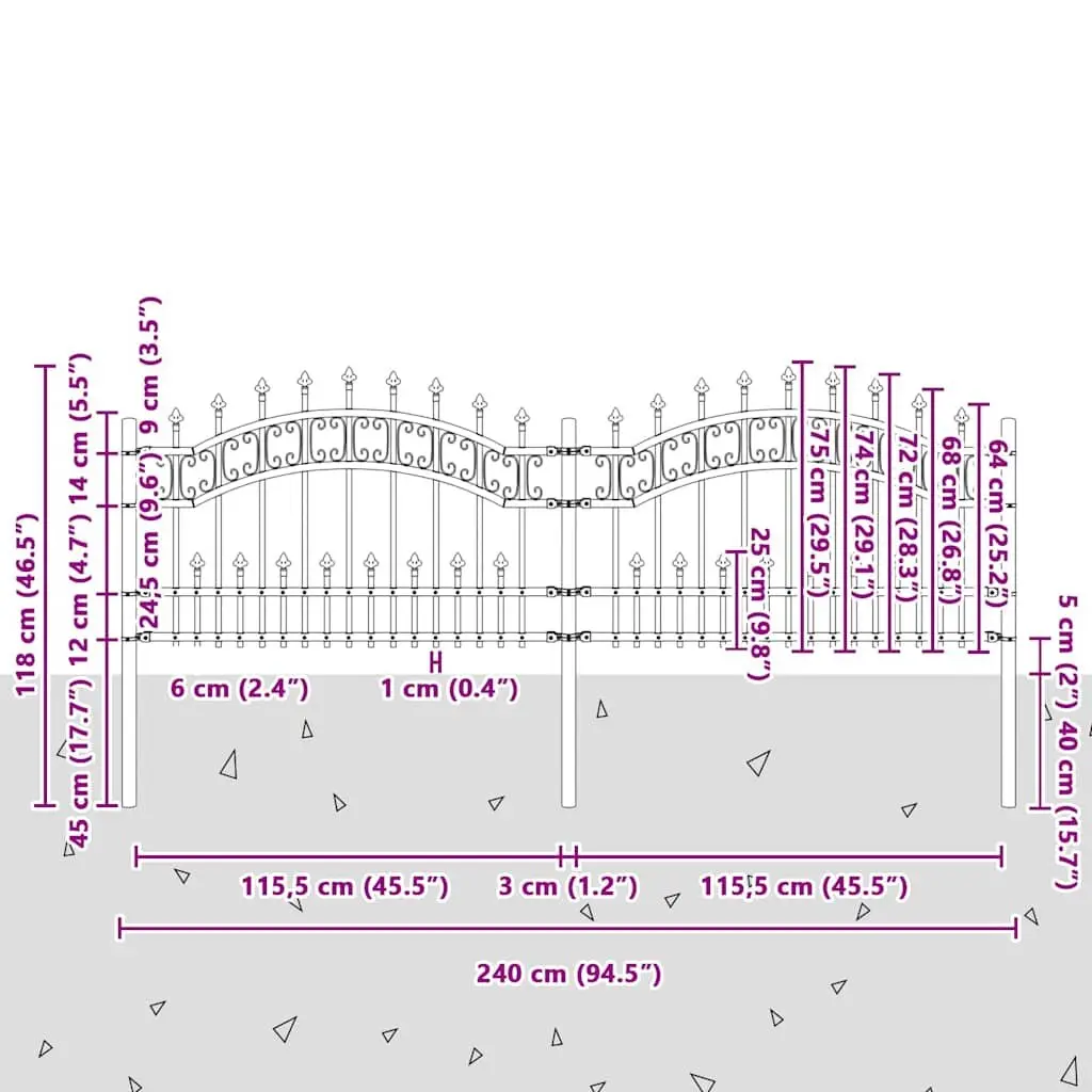 Garden Fence Panel Black Spear Top Steel 240 x 75 cm