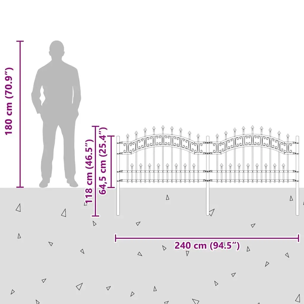 Garden Fence Panel Black Spear Top Steel 240 x 75 cm