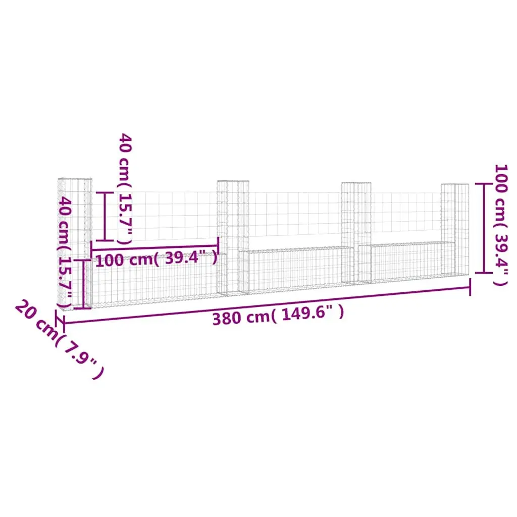 U-Shape Gabion Basket Fence Panel with 4 Posts 380 x 20 x 100 cm