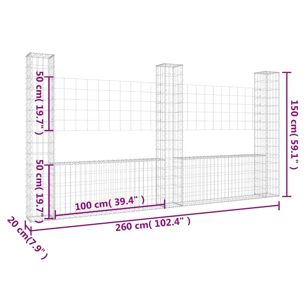 U-Shape Gabion Basket Iron Fence Panel with 3 Posts 260 x 20 x 150 cm