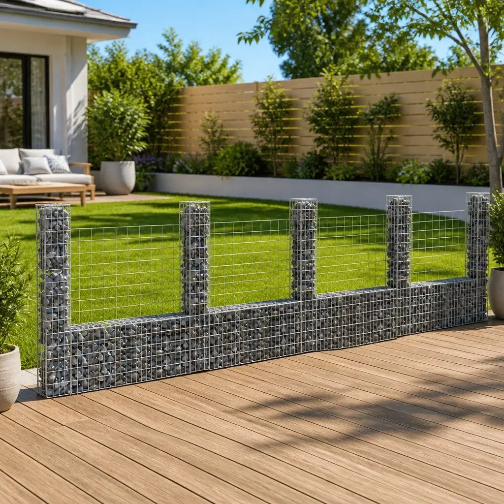 U-Shape Gabion Basket Iron Fence Panel with 5 Posts for Retaining Wall Garden 500 x 20 x 150 cm
