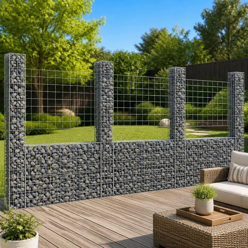 U-Shape Gabion Basket Fence Panel Iron Garden Retaining Wall with 4 Posts 380 x 20 x 200 cm