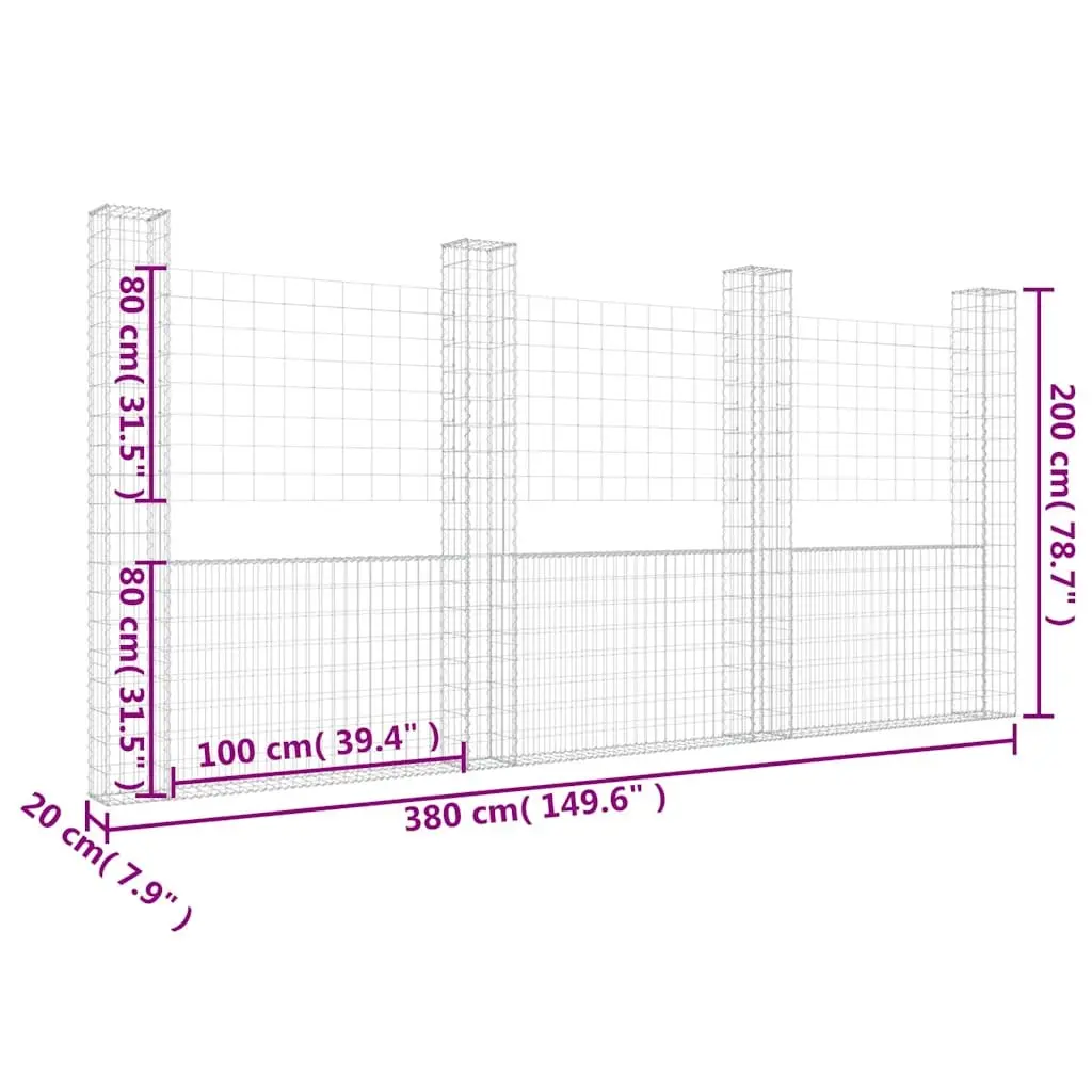 U-Shape Gabion Basket Fence Panel Iron Garden Retaining Wall with 4 Posts 380 x 20 x 200 cm
