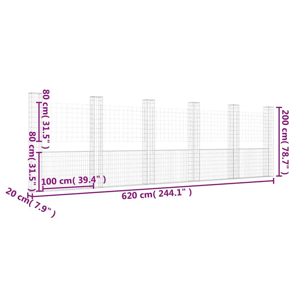 U-Shape Gabion Basket Fence Panel Rustproof Iron 620 x 20 x 200 cm