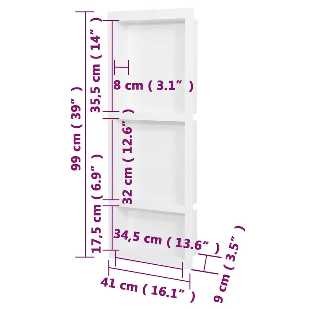 3 Compartment Wall Mount Shower Niche High Gloss White Bathroom Storage Shelf