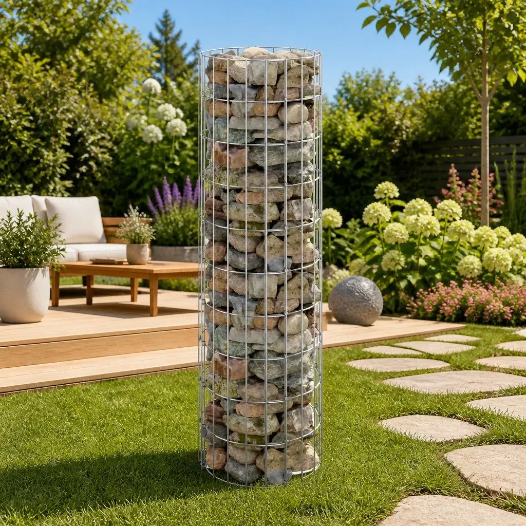Circular Gabion Pole Galvanised Steel 30 cm Diameter 100 cm Height Garden Fence Barrier Border Planter