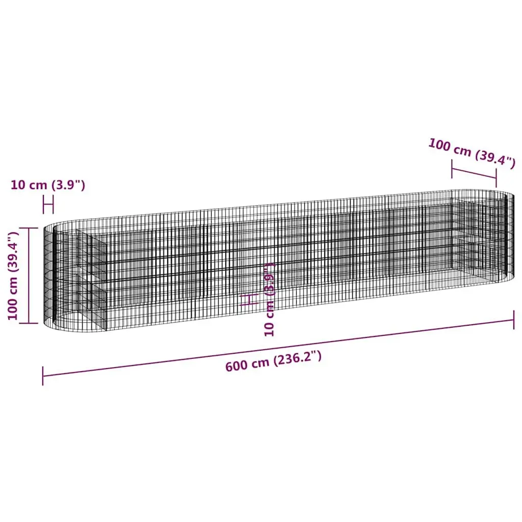 Gabion Raised Bed Planter Sturdy Galvanised Iron 600 x 100 x 100 cm