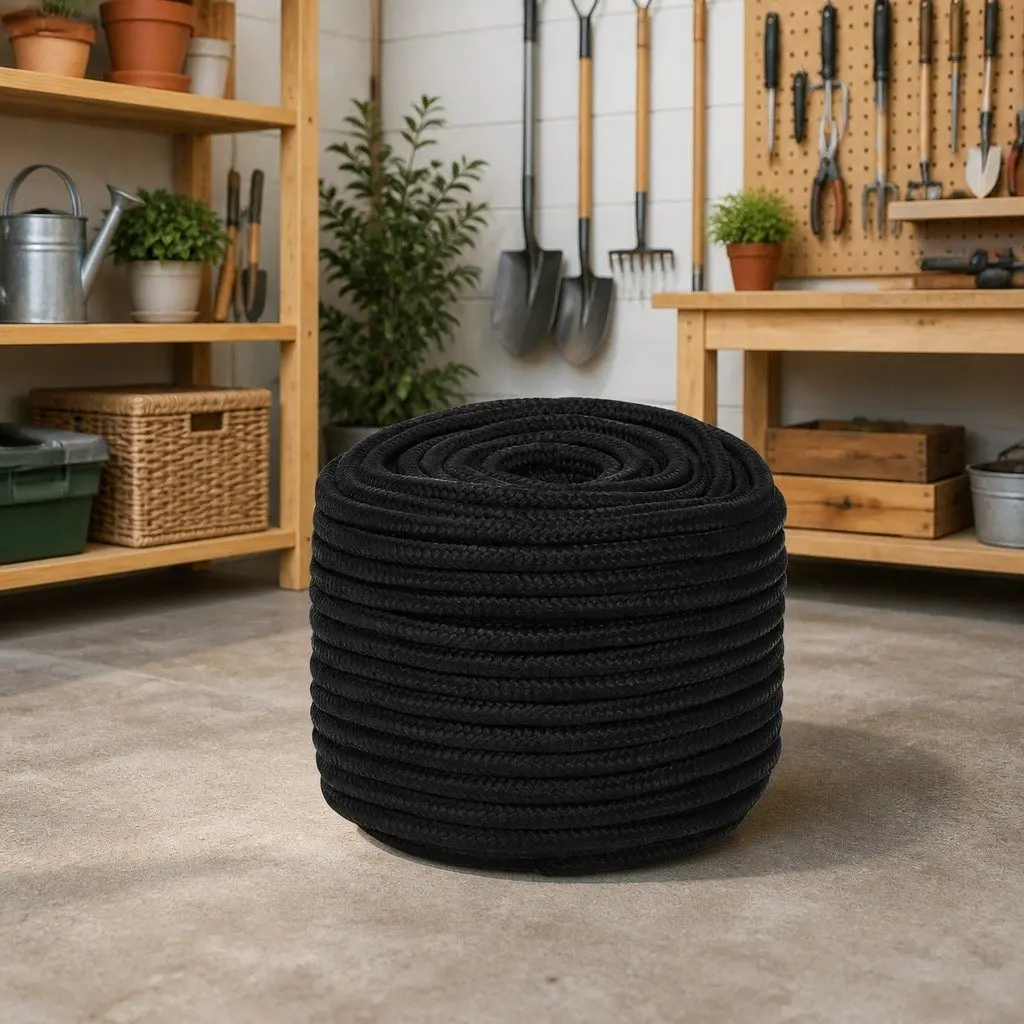 Braided Polyester Work Rope 12mm 50m Black Utility Cord